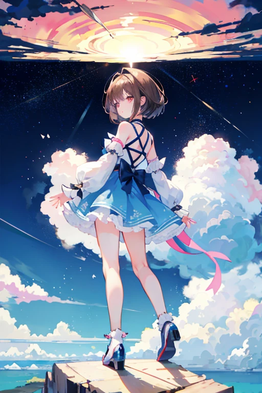 kawaii, 5000 meters above the clouds,A magical girl is gazing at a cloud,Back view,, old girl,A cloud from a nuclear explosion appears in the distant sky.,Short bob hair,Brown Hair,Dresses with lots of frills,Wearing drawers,Wearing a petticoat,Wearing knee-high socks,Angry expression,Throw the spear,Full body portrait,A dynamic pose,Beautiful background,High-definition background
