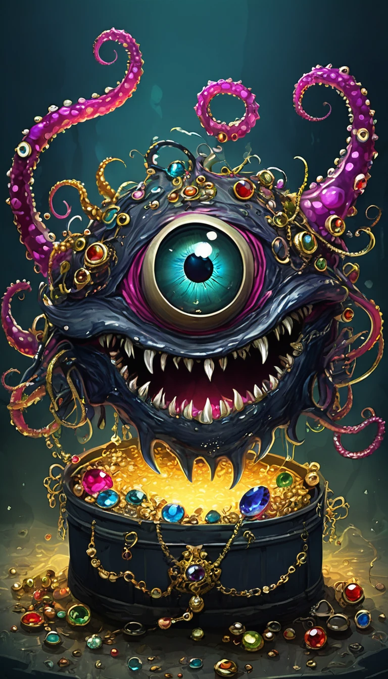 dark,Fear,imitate,Suspension,Strange open lid box monster full of jewels - one eye - sharp teeth - ugly,Long tentacles,Scattered jewelry,greedy