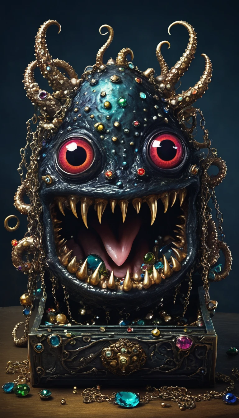 dark，Fear，imitate，Suspension，Strange open lid box monster full of jewels - one eye - sharp teeth - ugly，Long tentacles，Scattered jewelry,greedy