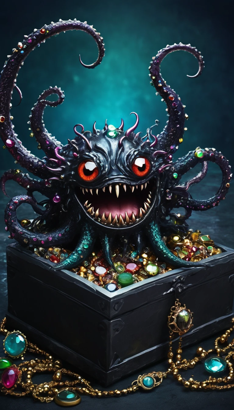 dark,Fear,imitate,Suspension,Strange open lid box monster full of jewels - one eye - sharp teeth - ugly,Long tentacles,Scattered jewelry,greedy