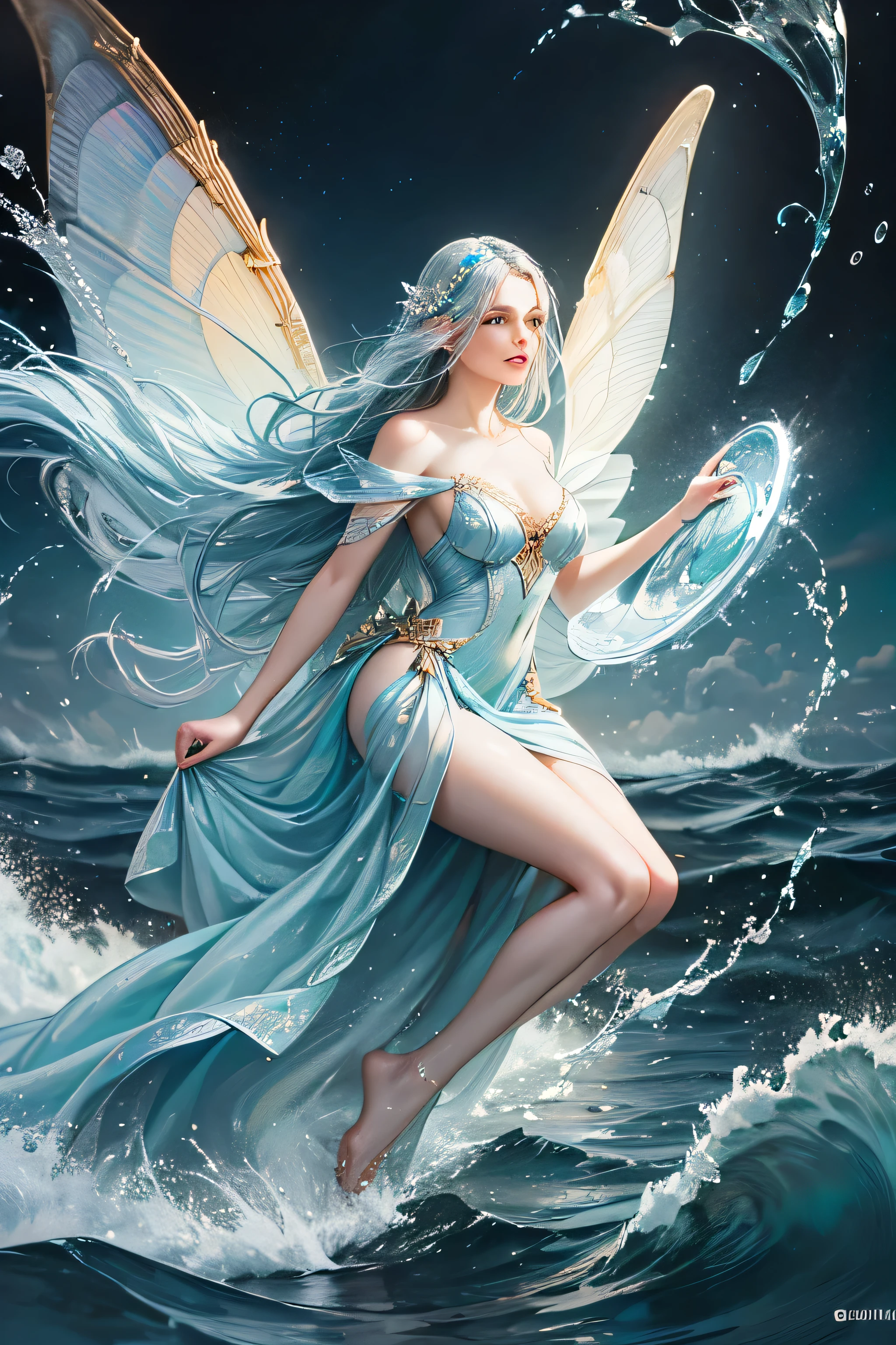 "Create a realistic and enchanting digital illustration of a beautiful female fairy with large, ethereal wings that glisten like flowing water. She should be elegantly dressed in a decent gown that reflects the colors and textures of the ocean. Surround her with dynamic waves and gentle ripples that showcase her control over the element of water. Integrate a distinctive water fairy symbol on her body, signifying her role as the keeper of water and waves, and highlighting the profound aquatic power she possesses within."