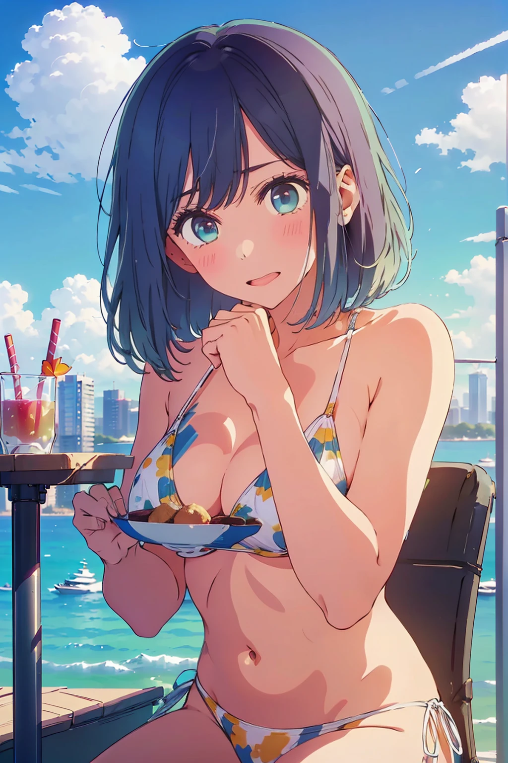 (Highest quality:1.4、8K:1.4、detailed)、F cup bust、Big Breasts、Slim body、Very white beautiful skin、((((1 person、Surprised expression、sit、Chair、In the background are the urban buildings of Tokyo、looking at the camera、Outdoor café terrace、coastal、Navy hair color、juice、Shooting up close、table、Very cute face))))、(((nude、Areola、bikini size too small)))、((((Pose of putting hair behind ears with hands))))、Very blue sky、A completely cloudless sky