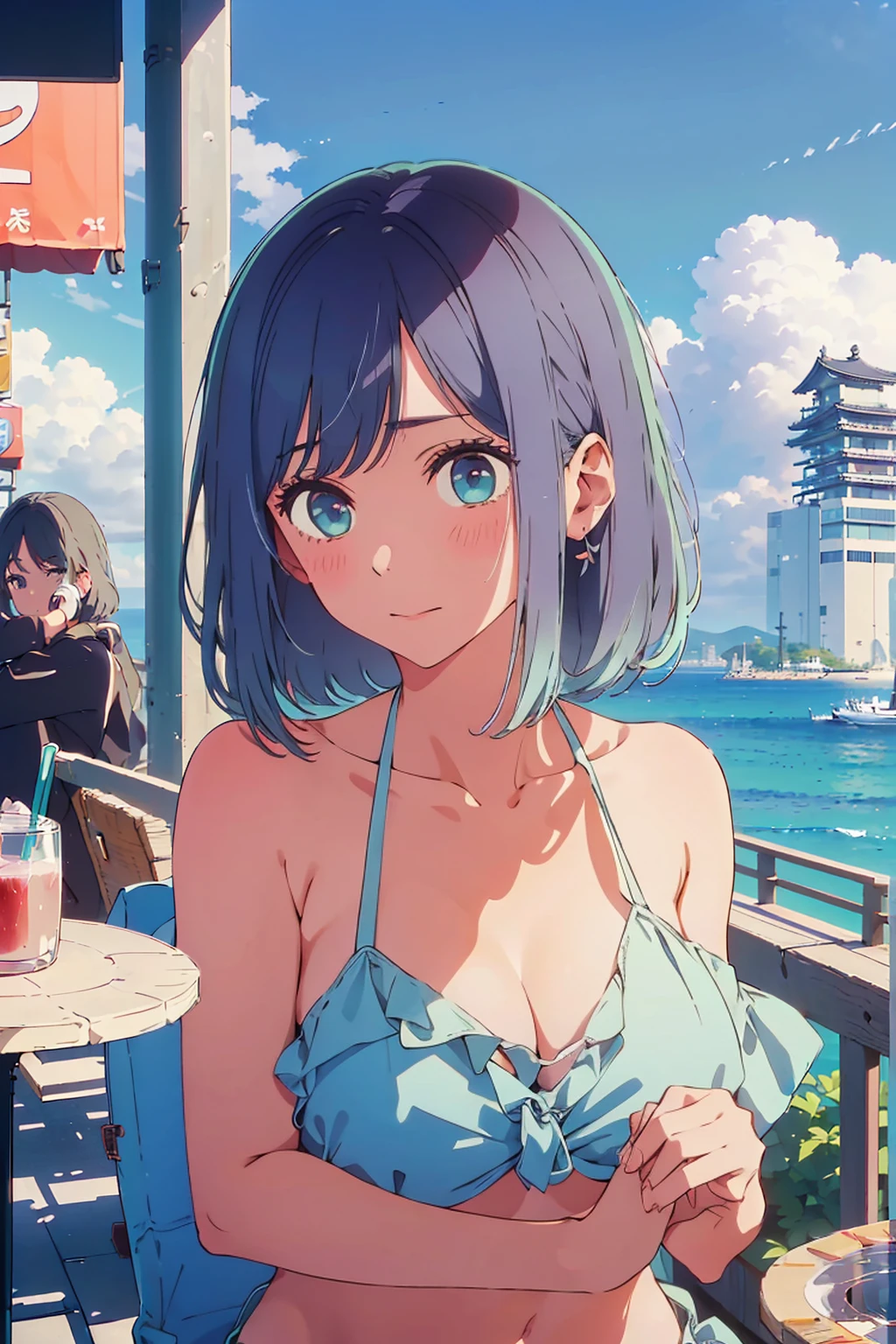 (Highest quality:1.4、8K:1.4、detailed)、F cup bust、Big Breasts、Slim body、Very white beautiful skin、((((1 person、Surprised expression、sit、Chair、In the background are the urban buildings of Tokyo、looking at the camera、Outdoor café terrace、coastal、Navy hair color、juice、Shooting up close、table、Very cute face))))、(((nude、Areola、bikini size too small)))、((((Pose of putting hair behind ears with hands))))、Very blue sky、A completely cloudless sky