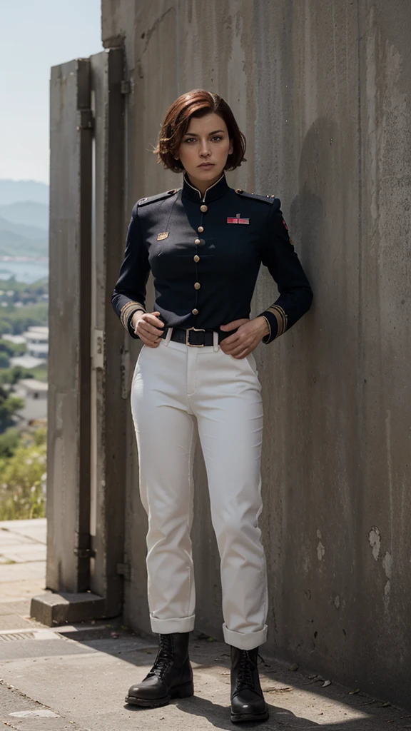 (Highest resolution, distinct_image) Excellent, masterpiece, high detail, semi-realistic, Dishonored 2, a very beautiful woman, solo, normal handsome stance, short red hair, golden eyes, indifferent expression, 18 years old, young, tall and strong , white and red military uniform, trousers, military pants, military boots, military uniform, military school, confident, serious, high-cold and proud, standing on a cliff, overlooking