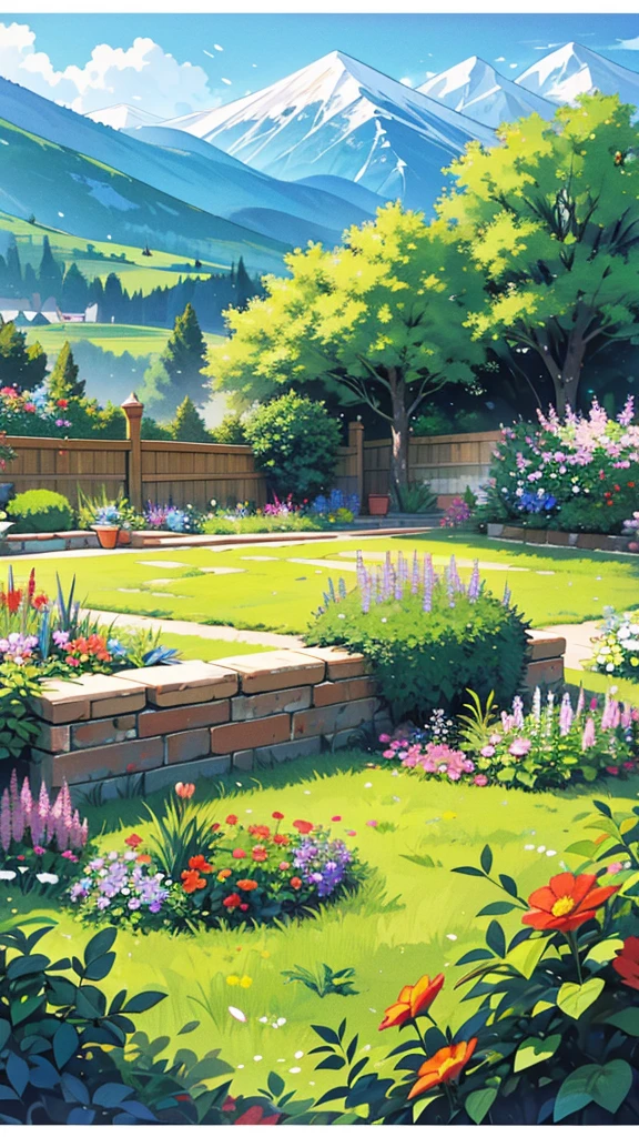 Lie on the ground and watch，garden，With small flowers as foreground，There are mountains