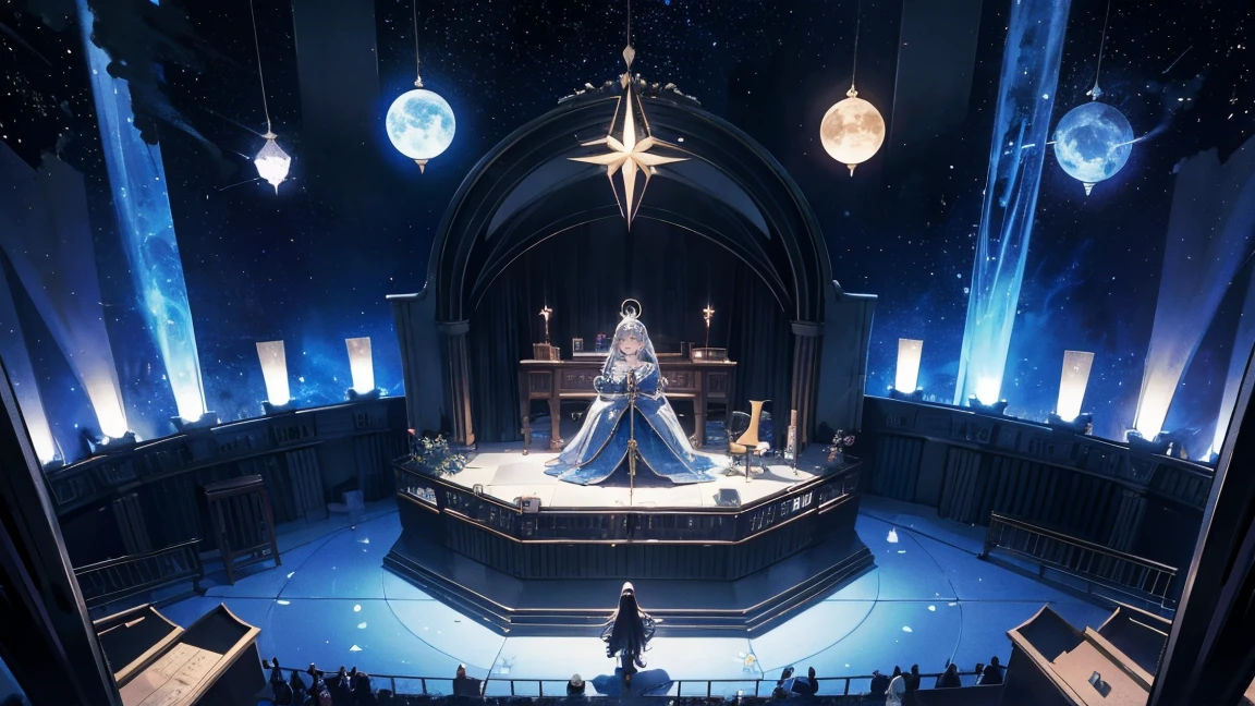 Create an image featuring a witch as the central figure. The witch is riding a broomstick, and the background is themed around a night sky with celestial bodies, inspired by a retro, mechanical stage set design. The stars should be depicted as if they are hanging from the ceiling by piano wires. The perspective should be from a slightly elevated, overhead view looking down at the entire setup. The scene should evoke a magical, otherworldly atmosphere.