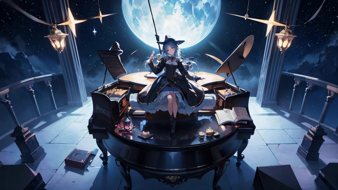 Create an image featuring a witch as the central figure. The witch is riding a broomstick, and the background is themed around a night sky with celestial bodies, inspired by a retro, mechanical stage set design. The stars should be depicted as if they are hanging from the ceiling by piano wires. The perspective should be from a slightly elevated, overhead view looking down at the entire setup. The scene should evoke a magical, otherworldly atmosphere.