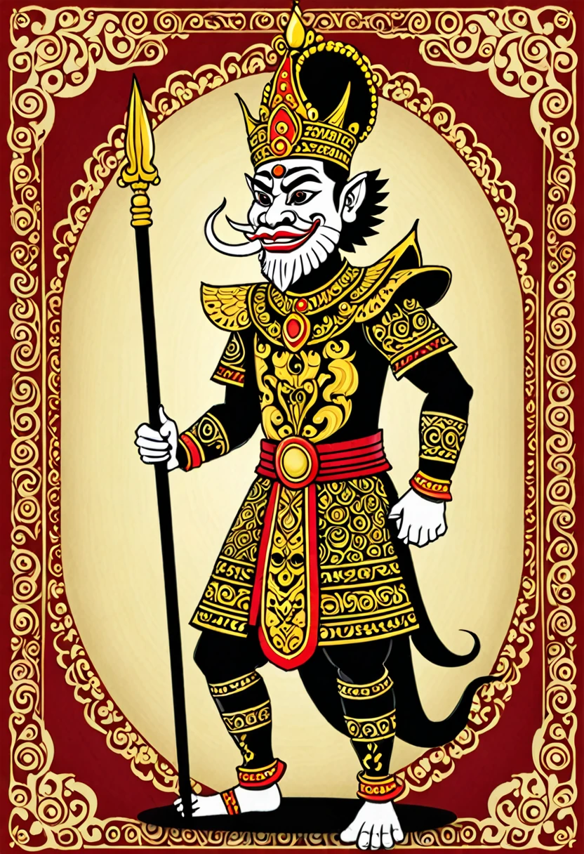"Create an image of a royal warrior inspired by Petruk from Indonesian wayang. He should have a tall, quirky appearance with elements of Petruk's attire, including a crown and traditional clothing. The background should depict a traditional Javanese royal court."