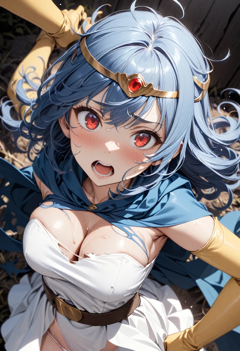 (best quality), (masterpiece), high res, all detailed, DQSage, long blue hair, red eyes, circlet, blue cape, white dress, strapless, belt, elbow gloves, yellow gloves, yellow boots, medium cleavage, (white underwear, panties aside, torn clothes:1.2), BREAK (NSFW), solo, 1girl, looking away, (looking up), (close-up, face focus, portrait, fellatio, open mouth:1.25), (rape, extend tentacles, clothed sex, restrained:1.2), breast paizuri, (one eye closed, crying, tears:1.2), drooling, saliva trail, sigh, blush, sweat, (forest, tentacle-pits), cinematic lighting, diffraction spikes,