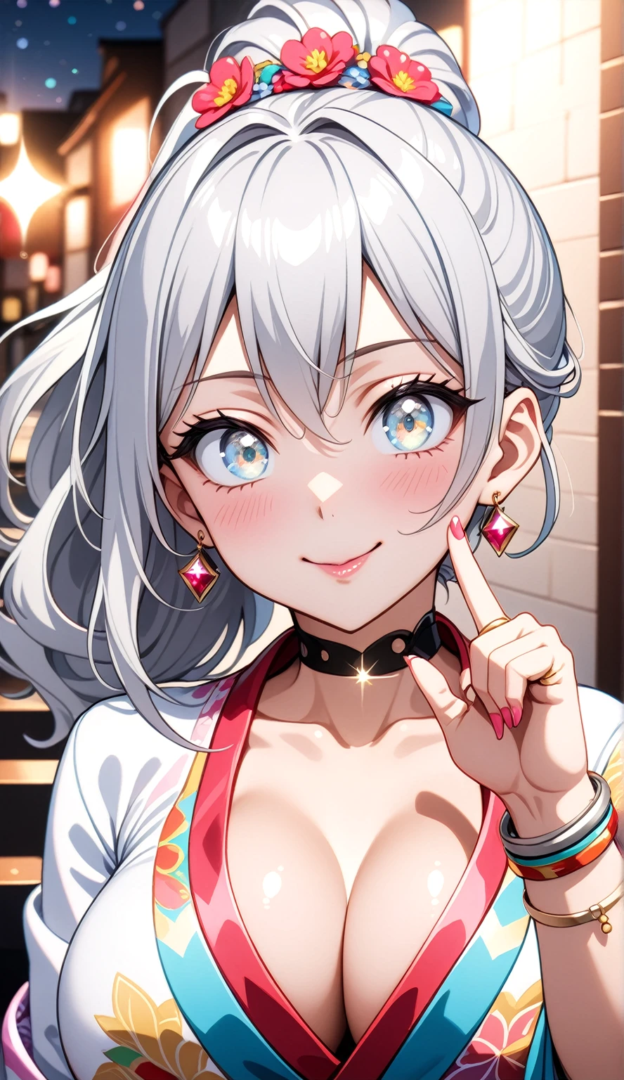 ((One personの女性)), Beautiful Face,(Wink:1.9)), ((laugh)),(head tilt), Laugh with your mouth wide open,((Bright red cheeks:1.4)),Shiny red lips,night,rooftop,You can see the ocean, firework,Laughing with your mouth open,Glossy pink lips,Facial lighting,((Anime style background)),masterpiece, Highest quality, so beautiful,up to date, Complex details, (Pink long nails), (4fingers and 1thumbs), (ring),(bracelet),(choker),AI-generated, Complex,High resolution, Highest quality, super high quality,3D Images、3D Images,One person,Long white hair,High Ponytail,(blue eyes),Anime woman posing for a photo, ((Fine grain、Silvery white colorful eyes、Shining Eyes:1.4)),(Squint your eyes:1.1),a hyperRealistic , hyperRealistic , Realistic,Anime woman with long white hair, Smooth anime CG art, A woman in a colorful kimono with gold embroidery, (Black long sleeve kimono),Red floral pattern,Long flower hair ornament,Earrings,Mature Body,(Big Breasts:1.1),Tall,Abdominal muscles,Narrow waist,(Zoom up to face:1.7),Shooting from diagonally below