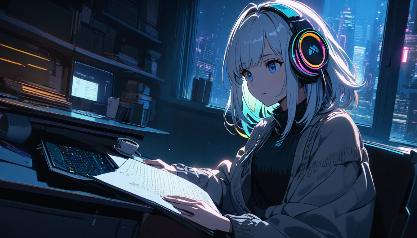 8k Handsome cute, Solitary, 1 female, Medium Length Hair, white hair, Rainbow hair, blue Eyes, Rainbow headphone, knit dress, Futuristic, Cyberpunk, Cybernetics panoramic, in the night, looking away, Sitting, studying, desk on the coffee,