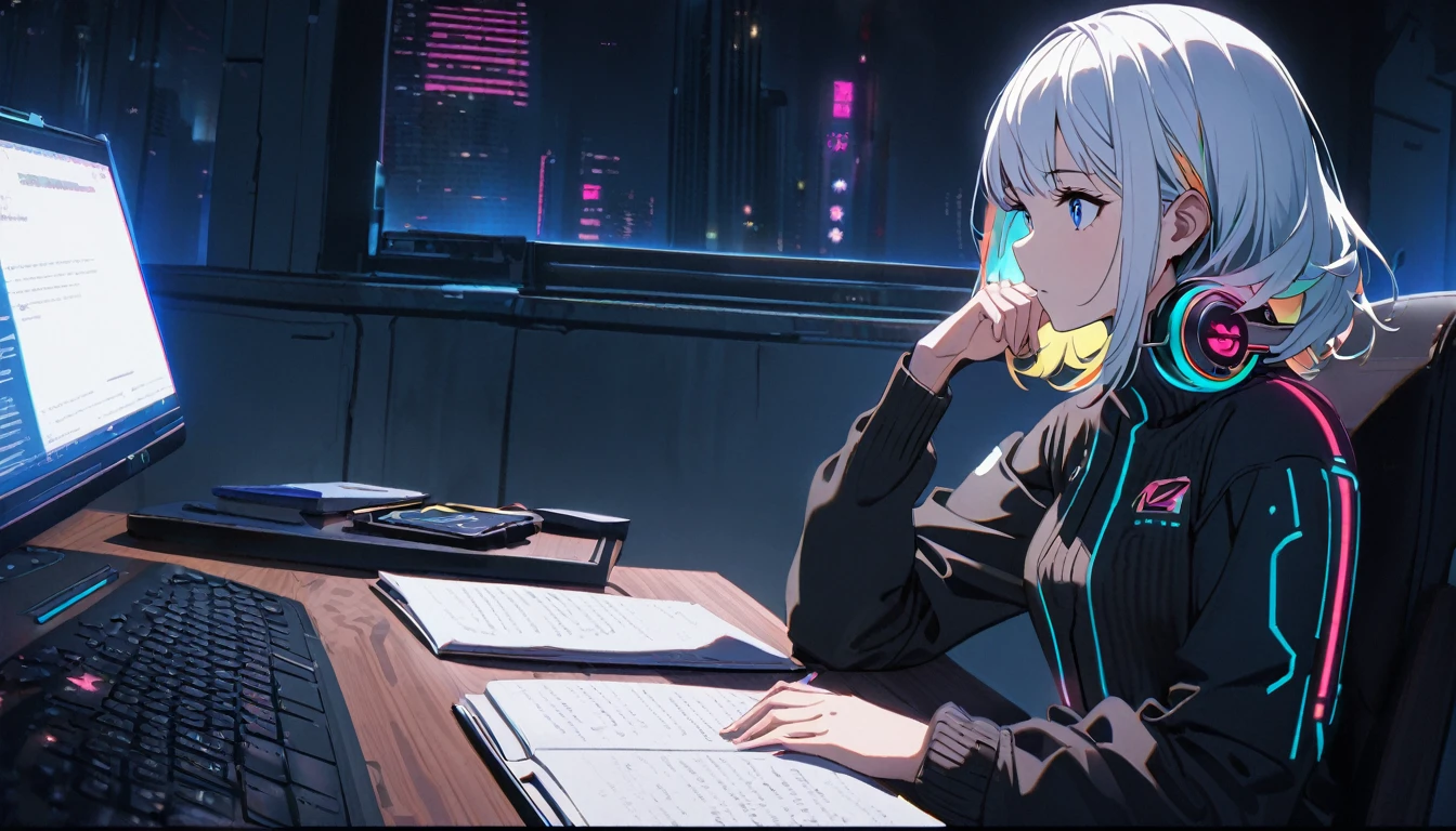 8k Handsome cute, Solitary, 1 female, Medium Length Hair, white hair, Rainbow hair, blue Eyes, Rainbow headphone, knit dress, Futuristic, Cyberpunk, Cybernetics panoramic, in the night, looking away, Sitting, studying, desk on the coffee,