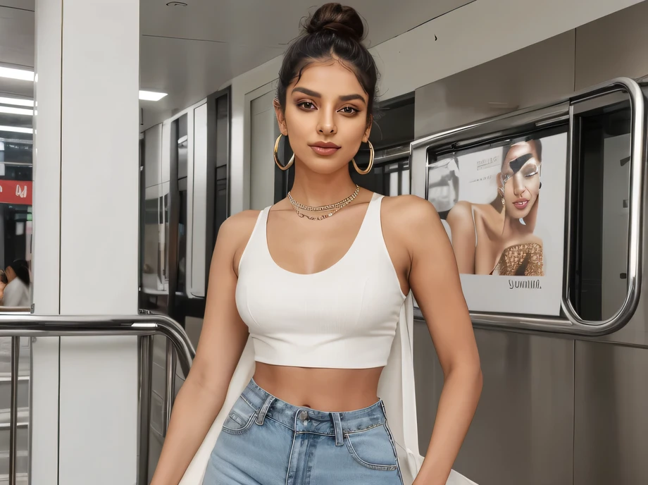 Create an ultra-realistic image of a modern, attractive female influencer of Indian descent, aged between 27 to 30. She should have a warm and inviting smile, expressive almond-shaped eyes with a slight shimmer, and clear, glowing skin with a medium brown complexion. Her features should be well-defined, with high cheekbones and a sharp jawline. Her hair should be long, thick, and wavy, styled in a rubbered donut bun, maintaining a natural shine and bounce.

She should have a slender yet athletic build, reflecting a healthy and active lifestyle. She is wearing a trendy yellow V-neck crop top that highlights her toned figure and high-waisted off-white denim shorts that complement her curves. Her outfit is completed with stylish black heeled sandals that add elegance to her look. She accessorizes with subtle yet chic jewelry, such as small hoop earrings and a few thin bangles.

The background should be a crowded metro, with people around her, reflecting a bustling urban environment. The setting should include typical metro details, like seating, handrails, and advertisements, to enhance the realism of the scene. Her overall appearance should exude confidence, approachability, and sophistication, capturing the essence of a contemporary Indian fashion influencer.