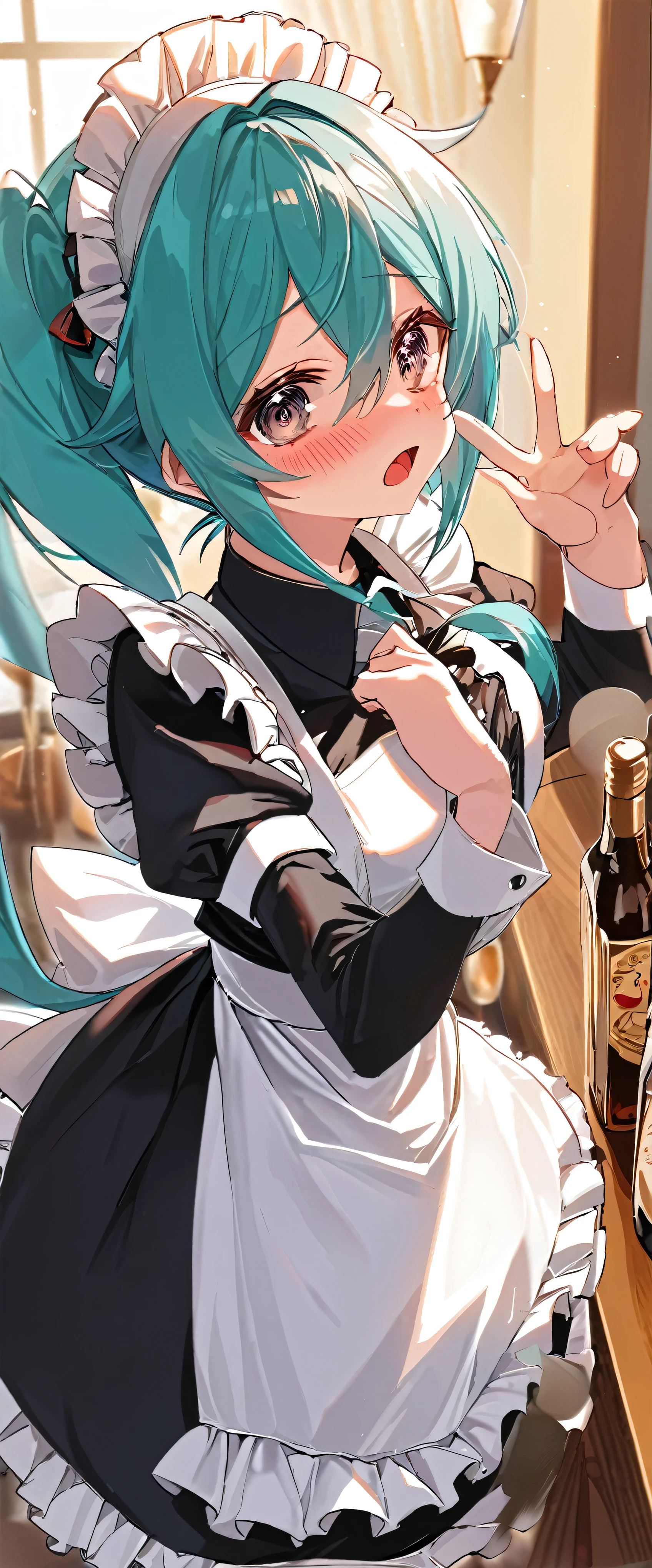 (((maid clothes)))), (((big)))), drunken eyes, Hatsune Miku,