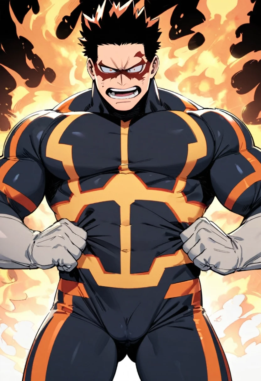 Endeavor, my hero academia, from front, super fine, bodysuits, middle-aged man, hunk, looking down and mouth wide open with shocked face, crotch grab, crotch squeeze,