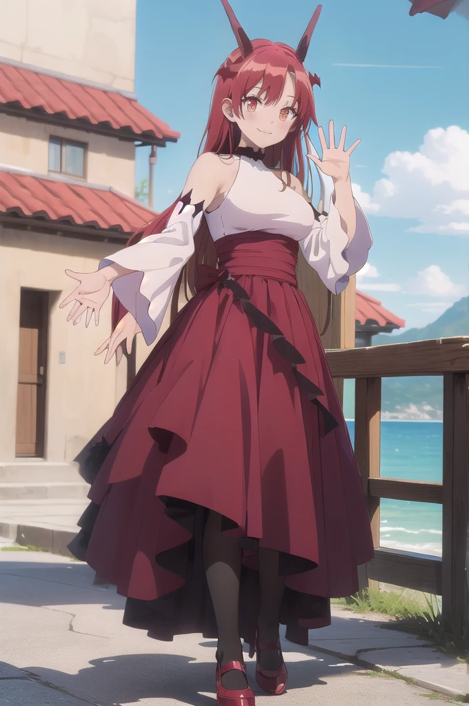 (masterpiece:1.3), (absurdres:1.3), (best quality:1.3), (ultra-detailed:1.3), full body, looking at viewer, smile, outdoors, (waving:1.2), tania-fi, dragon horns, dragon tail,  bare shoulders, white shirt, detached sleeves, choker, dress, red skirt, black legwear, shoes,