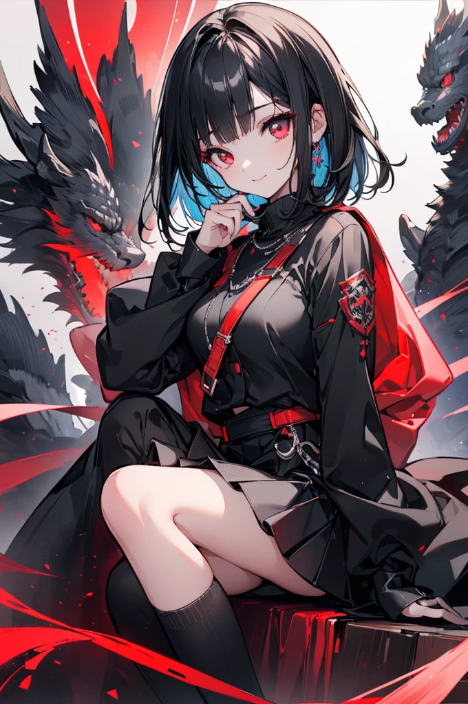 (masterpiece, highest quality, highest quality, (No text), Beautiful and aesthetic:1.2),No text,アニメ、 high resolution BREAK,One Girl,Short black hair Beautiful eyes Red eyes Beautiful girl cool smile Black Coat mini skirt whole body Night view Detailed eyes and face