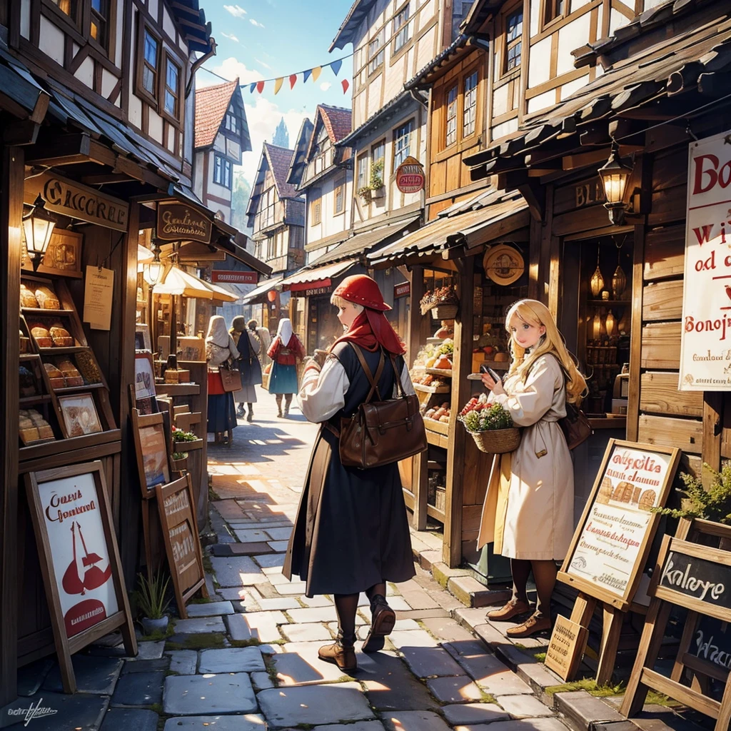 Illustrate a bustling medieval city filled with townsfolk engaged in their daily activities. The scene should be rich with period details: cobblestone streets, half-timbered houses, market stalls overflowing with goods, and townspeople in authentic medieval attire. Capture the vibrant, lively atmosphere and the intricate architecture that defines the era."