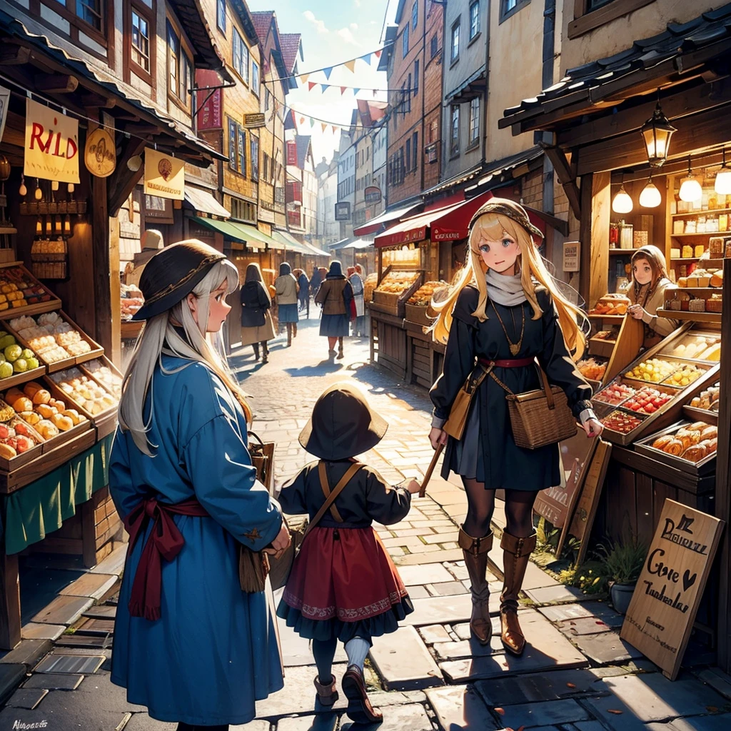Illustrate a bustling medieval city filled with townsfolk engaged in their daily activities. The scene should be rich with period details: cobblestone streets, half-timbered houses, market stalls overflowing with goods, and townspeople in authentic medieval attire. Capture the vibrant, lively atmosphere and the intricate architecture that defines the era."