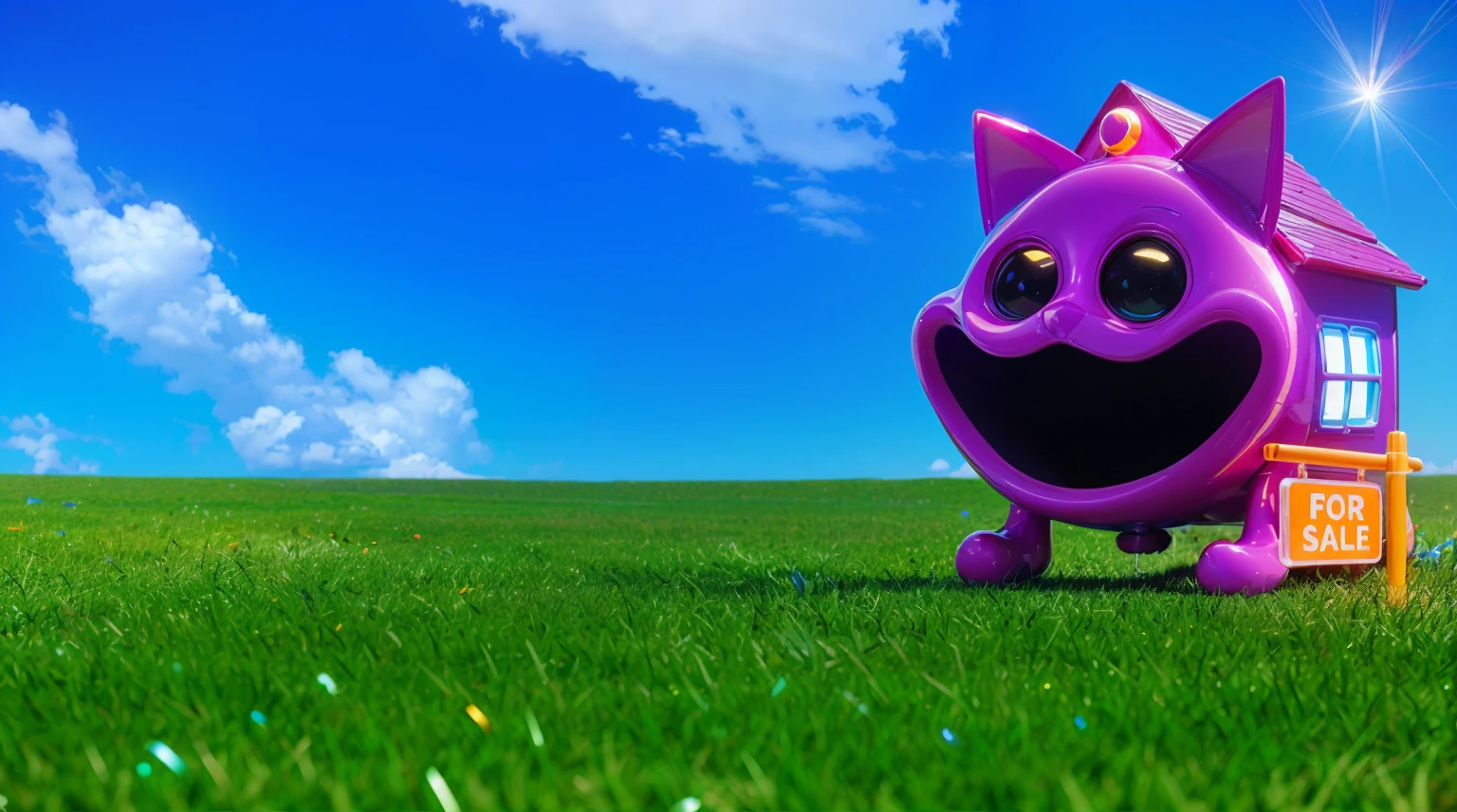 The image depicts a whimsical house designed to resemble a shiny purple cat with a wide, joyful expression. The house is rounded with exaggerated cat features, including large, pointy ears, big black eyes, and a wide-open mouth forming a comical and inviting entrance. The structure sits on a vibrant green hill, with an orange pathway leading up to it, giving a playful and imaginative atmosphere. The sky is a clear blue, enhancing the bright and cheerful scene. The overall design combines creativity and fun, making the house look like a lively, animated character. Create цветной рендеринг zbrush. perfect cgi, cgi art created only with gradients, smooth silhouette, Create ultra sharp skin, high intensity refraction, (plastic material), most beautiful vfx, blue background, plastic refractions, glossy texture, smooth 3d model, multiple light sources, rim light, sharp post effects render, (glossy plastic texture with multiple big light probe refractions), perfect cgi, cgi art created only with gradients, smooth silhouette, high intensity refraction, (plastic material), most beautiful vfx, blue background, plastic refractions