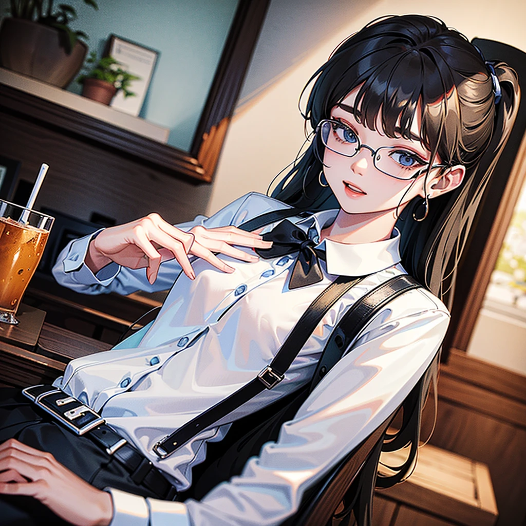 A 3D Photo of ผู้หญิงผมเปียสีดำ คนเดียว Portrait with a white student shirt and wear glasses ภาพไม่แปลก