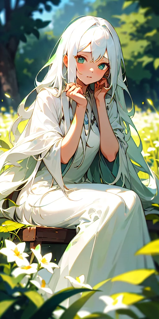 (masterpiece, best quality),1girl with long white hair sitting in a field of green plants and flowers, her hand under her chin, warm lighting, white dress, blurry foreground