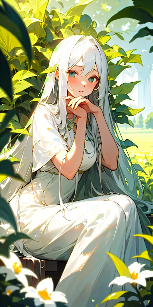 (masterpiece, best quality),1girl with long white hair sitting in a field of green plants and flowers, her hand under her chin, warm lighting, white dress, blurry foreground