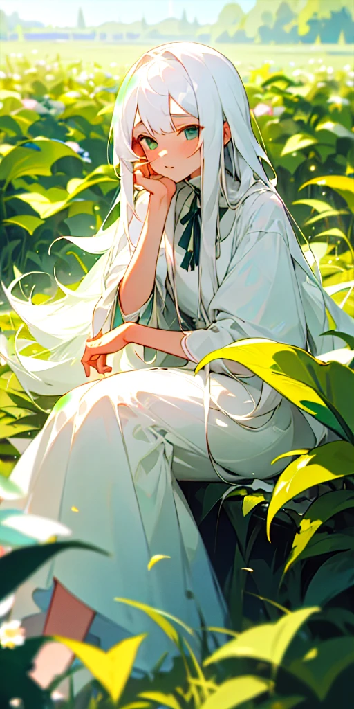 (masterpiece, best quality),1girl with long white hair sitting in a field of green plants and flowers, her hand under her chin, warm lighting, white dress, blurry foreground