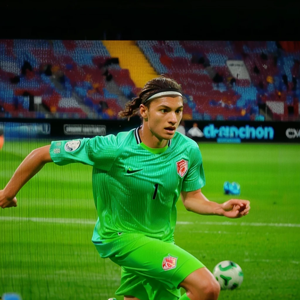 arafed soccer player in green uniform on television playing soccer, 8k scan hq, very very low quality picture, 8 k scan, 8k scan, low quality photo, hq 8k scan, inspired by Pál Balkay, 8k uhd scan, 8k no blur, 8k film scan, 4k scan, 4 k scan