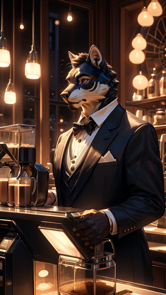 a barrister who is also a barista, elegant professional barista, beautiful detailed eyes, beautiful detailed lips, extremely detailed face, intricate cafe interior, stainless steel coffee machines, aromatic coffee beans, warm lighting, moody cinematic lighting, photorealistic, 8k, masterpiece, cinematic, hyper realistic, elegant, refined, stunning, exquisite, sophisticated, impeccable, three-piece suit