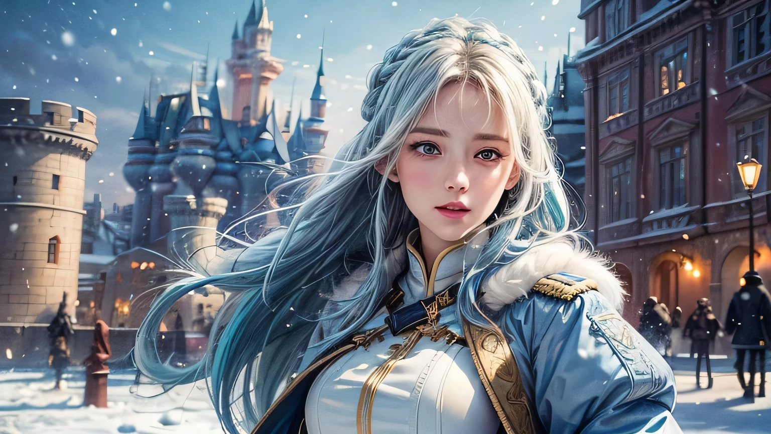 (highest resolution, distinct_image), realistic, Best quality, single person, one girl, solo, masterpiece, highly detailed, realistic, long hair, braided white blond hair, ((blue-colored military uniform underneath the coat)), depth of field, outdoor background, (falling snow), ((big breasts)), authoritative, dignified, calm and powerful expression, ambient lighting, exquisite facial feature, (fur-trimmed white coat), open coat, short skirt, looking at viewer, head to waist, (((castle, terrace))), background: 1.2, dynamic angle, light smile, detailed background, ((from front)), full body