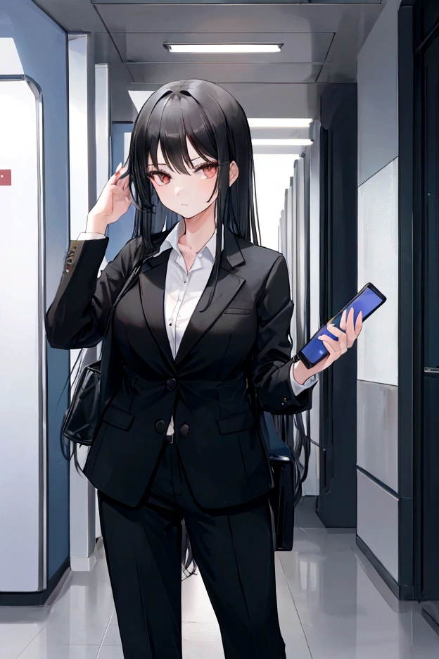 Girl with long black hair, in a business suit, Holding a phone in his hands