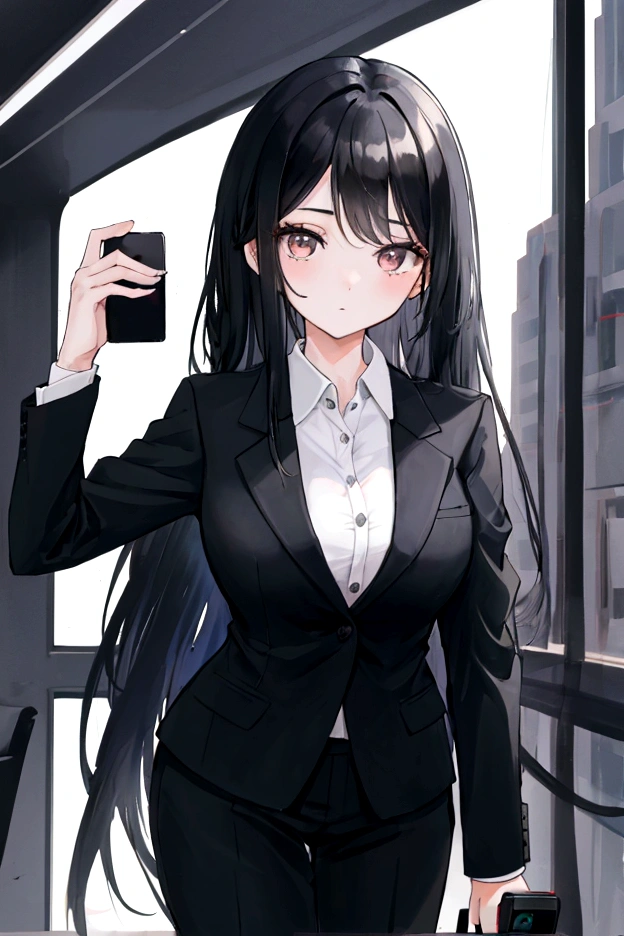 Girl with long black hair, in a business suit, Holding a phone in his hands