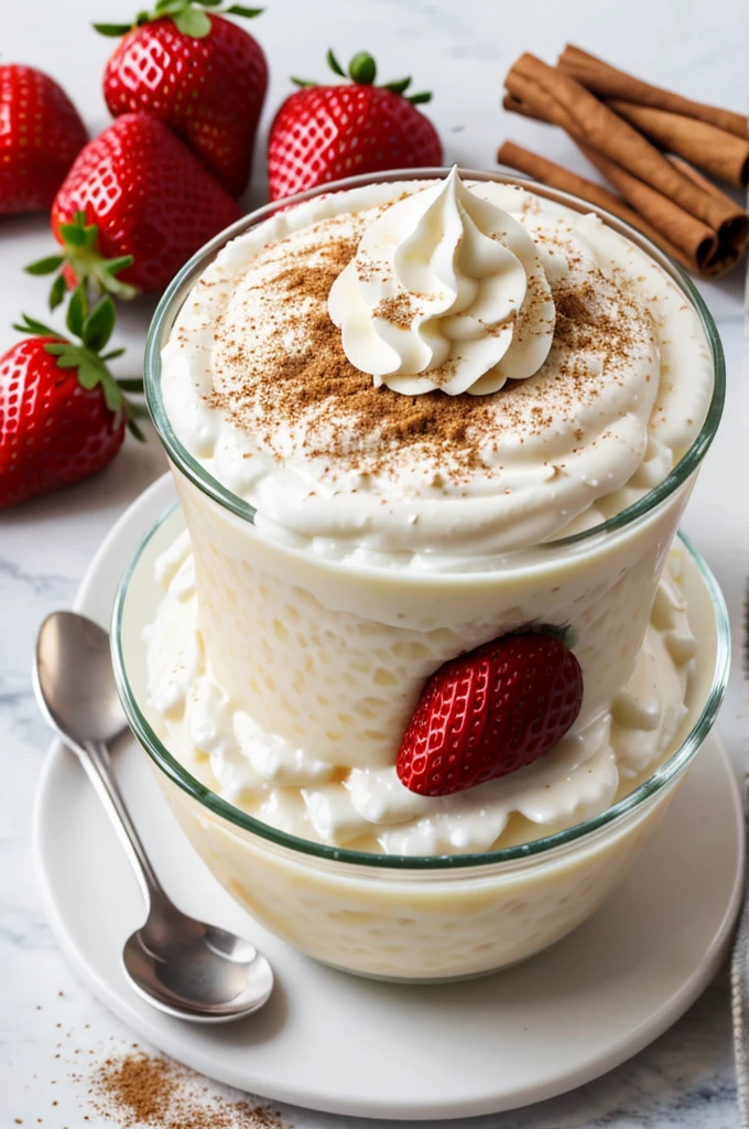 Small glass of rice pudding decorated with Chantilly cream, a strawberry and cinnamon powder