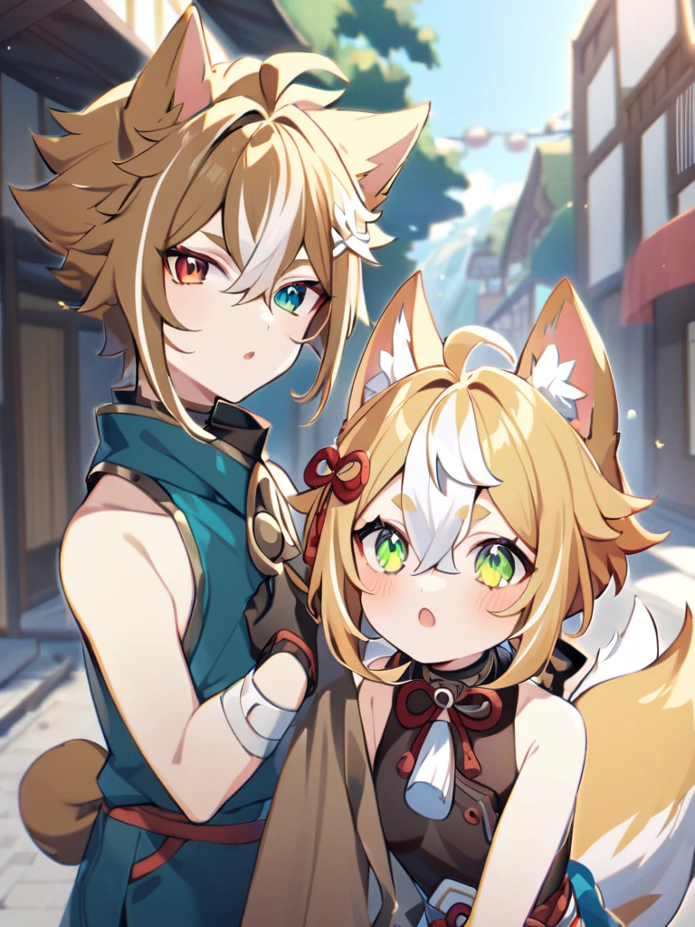 1 boyfriend, one girl,Gorou Genshin impact, walks down the street, Goro looks at the girl fox,1girl, :o, ahoge, animal ear fluff, animal ears, bangs, bare shoulders, blonde hair, fox girl, fox tail, green eyes, hair ribbon, heterochromia, holding, long hair,Two people on art, Goro and a fox girl,A fox girl with long yellow hair tied in two ponytails
