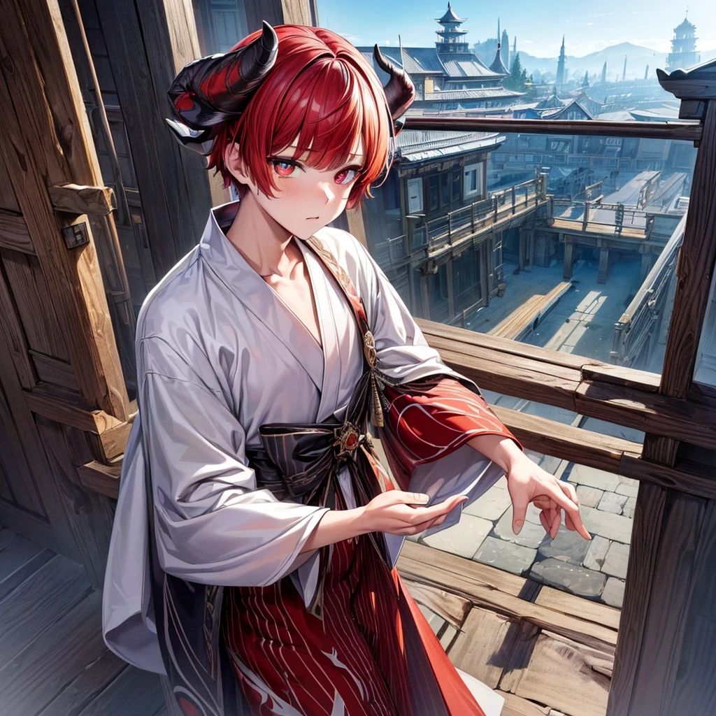 (masterpiece, top quality, best quality, official art, aesthetic:1.2), (1boy), boy, extremely detailed,(fractal art:1.2), highest detailed, wallpaper, ((heterochromia, predator pupils,red eyes)), short comma haircut, red hair, (black horns, horns towards the bangs), yukata outfit, (cowboy shot), in rooftop school, looking out