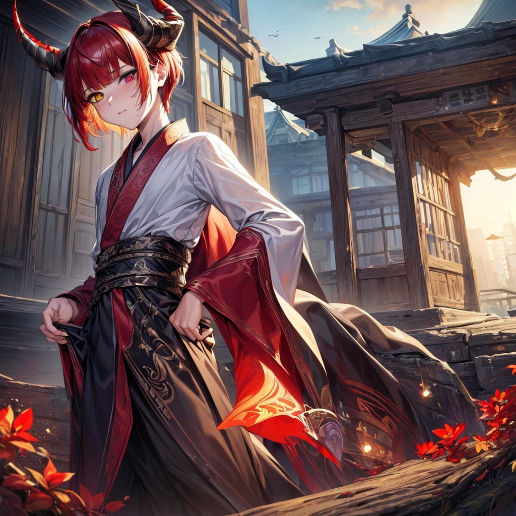 (masterpiece, top quality, best quality, official art, aesthetic:1.2), (1boy), boy, extremely detailed,(fractal art:1.2), highest detailed, wallpaper, ((heterochromia, predator pupils,red eyes)), short comma haircut, red hair, (black horns, horns towards the bangs), yukata outfit, (cowboy shot), in rooftop school, looking out