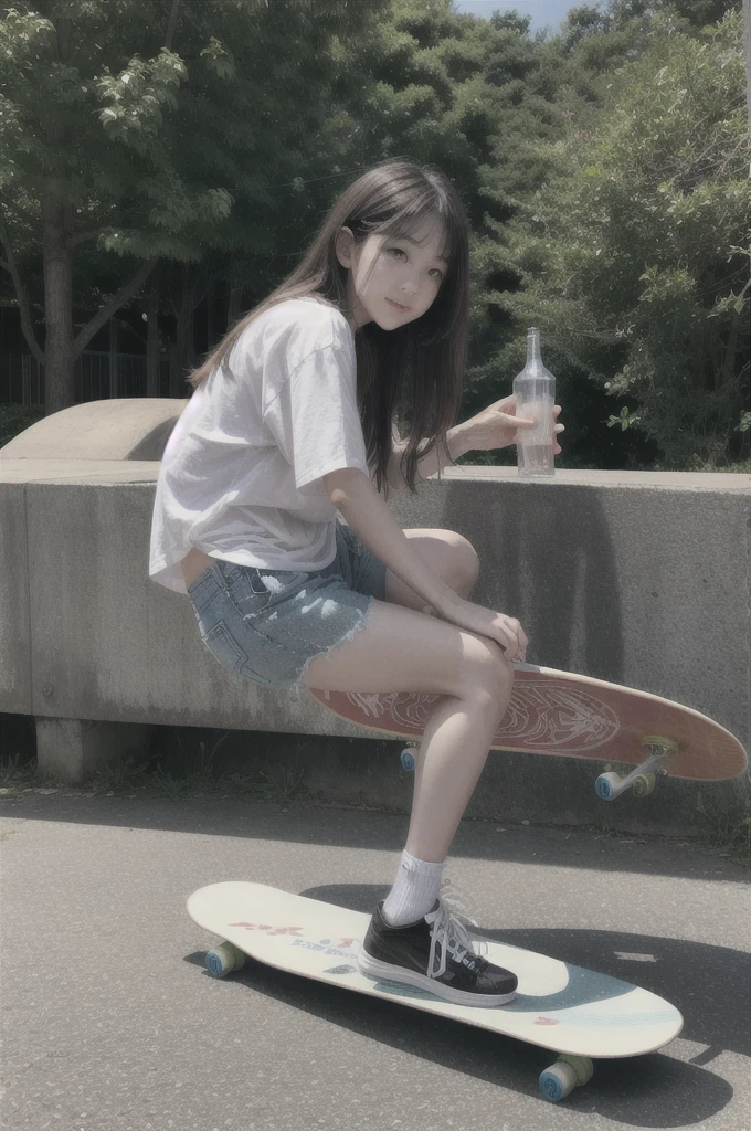 beautiful girl、Drinking alcohol、Riding a skateboard