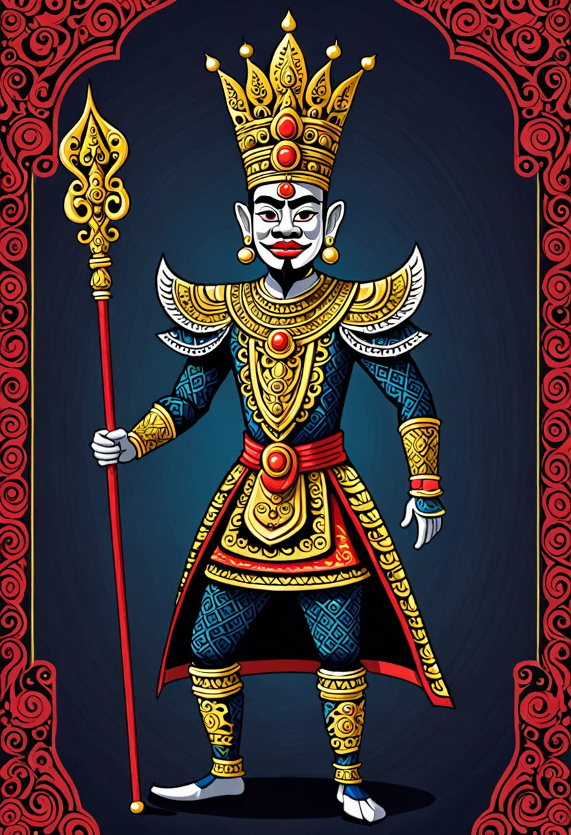 "Create an image of a royal warrior inspired by Petruk from Indonesian wayang. He should have a tall, quirky appearance with elements of Petruk's attire, including a crown and traditional clothing. The background should depict a traditional Javanese royal court."