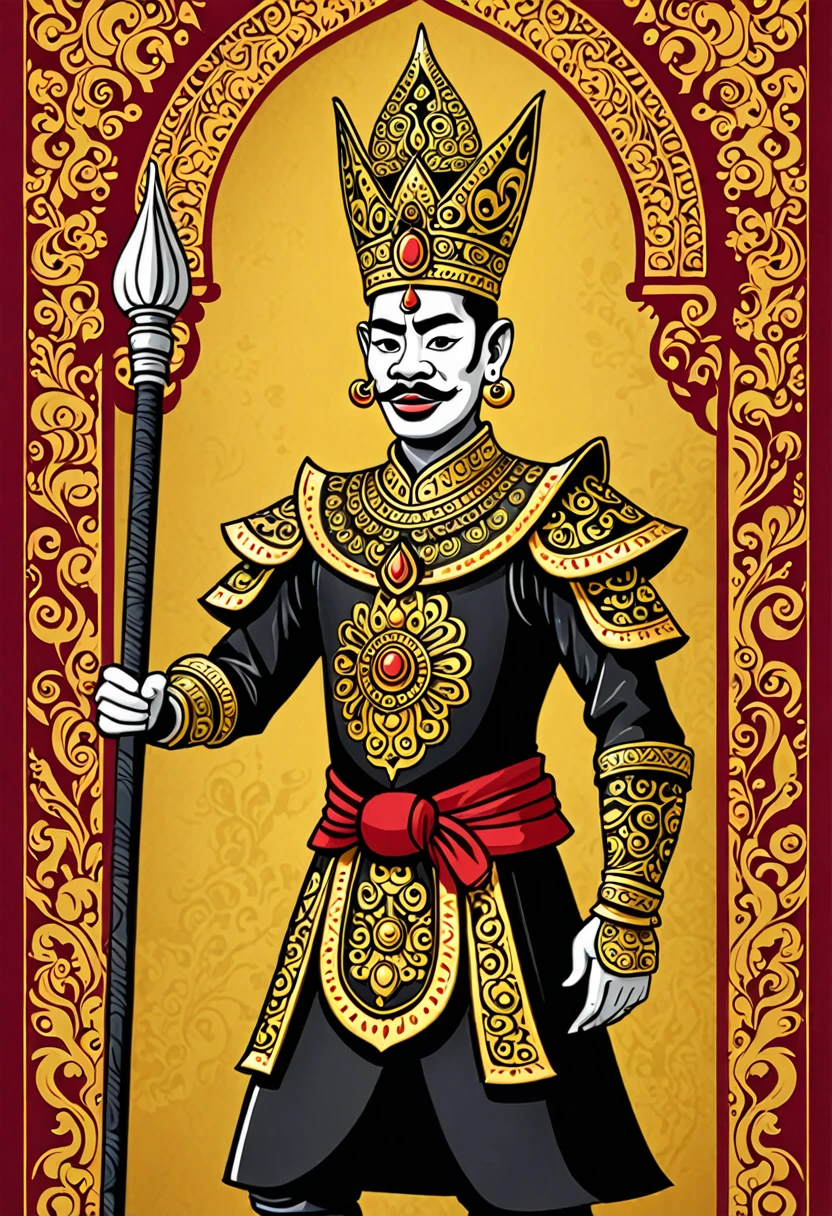 "Create an image of a royal warrior inspired by Petruk from Indonesian wayang. He should have a tall, quirky appearance with elements of Petruk's attire, including a crown and traditional clothing. The background should depict a traditional Javanese royal court."