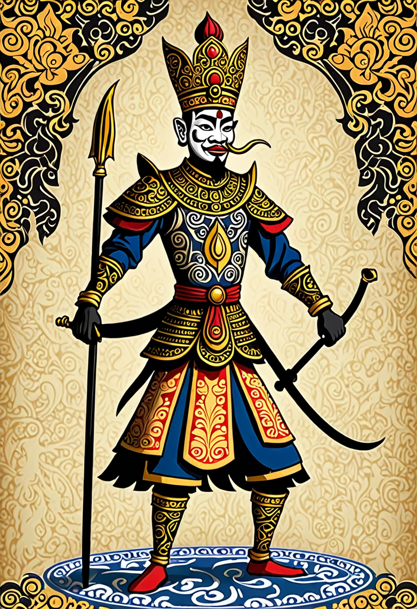 "Create an image of a royal warrior inspired by Petruk from Indonesian wayang. He should have a tall, quirky appearance with elements of Petruk's attire, including a crown and traditional clothing. The background should depict a traditional Javanese royal court."
