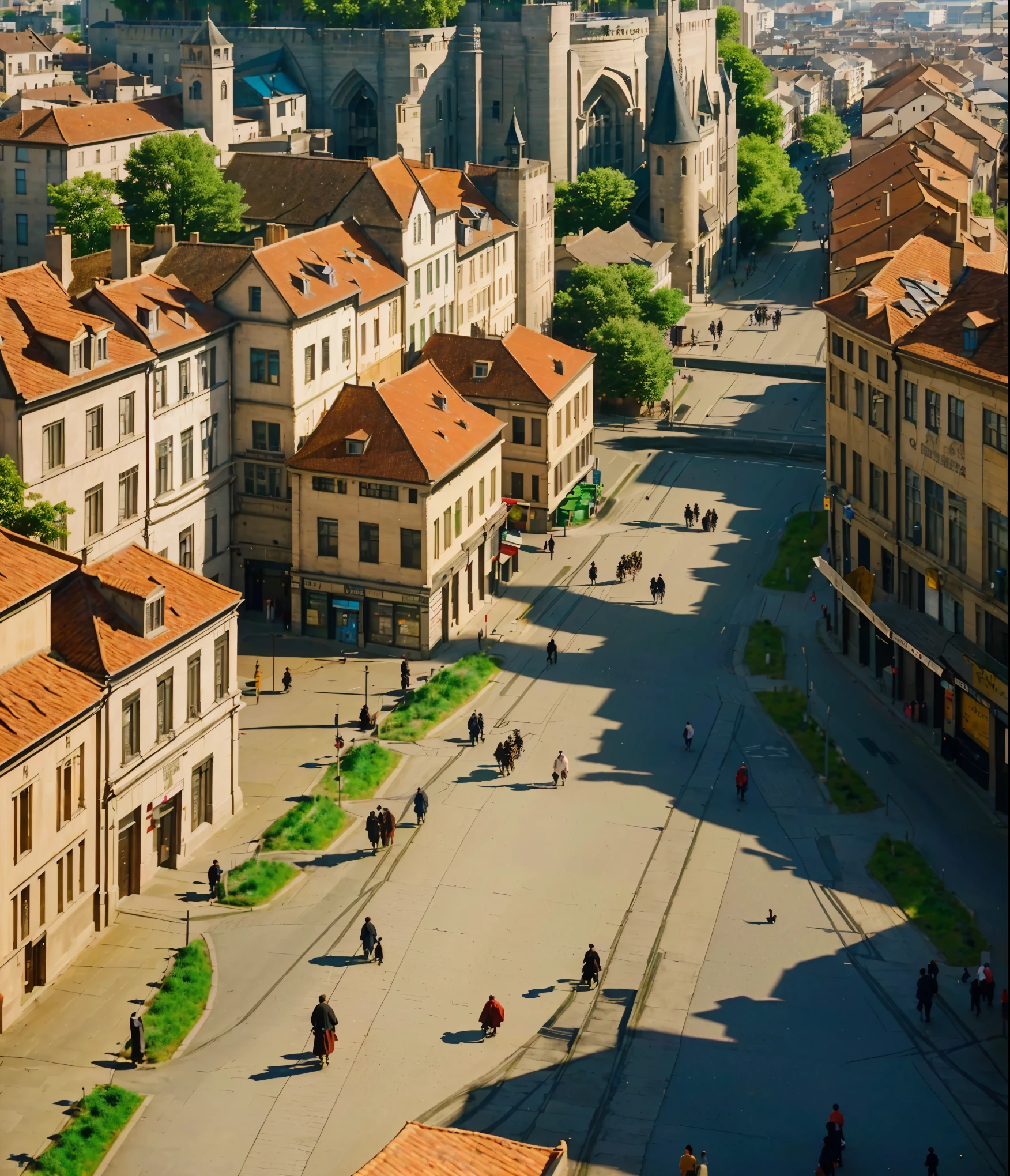 There are many pedestrians on the streets of this town, Real photos of the town, middle Ages, middle Ages风格city View, Realistic street scenes, detailed street, middle Ages城市背景, Downtown Background, Town Background, Complex Realism, a bustling magical town,3d rendering, city View，8K，Ultra Detail，Complete Building