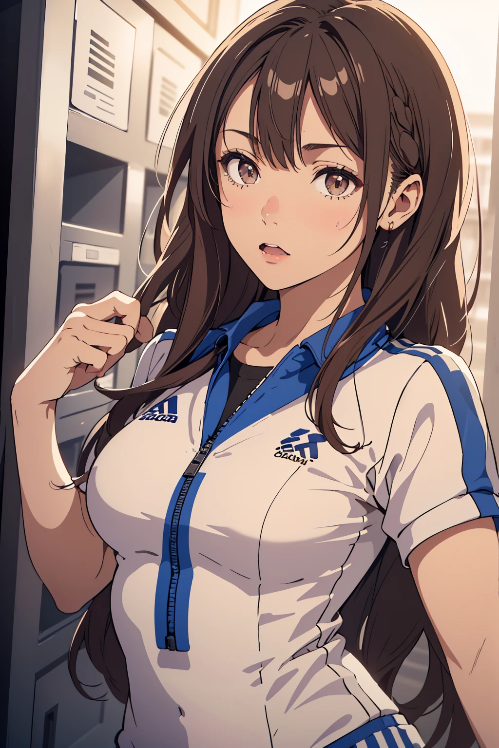 locker room,track suit,(Thin type:1.5),(large breasts),(random hairstyle),(Highest image quality,(8K), Ultra-realistic, Best Quality, High quality, High Definition, high quality texture, high detailing, Beautiful detailed, fine detailed, extremely details CG, Detailed texture, realistic representation of face, masterpiece, presence)