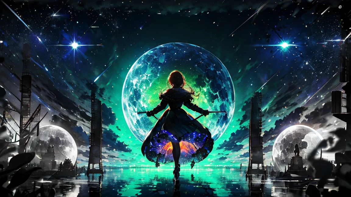 Create an image featuring a witch as the central figure. The witch is riding a broomstick, and the background is themed around a night sky with celestial bodies, inspired by a retro, mechanical stage set design. The stars should be depicted as if they are hanging from the ceiling by piano wires. The perspective should be from a slightly elevated, overhead view looking down at the entire setup. The scene should evoke a magical, otherworldly atmosphere.