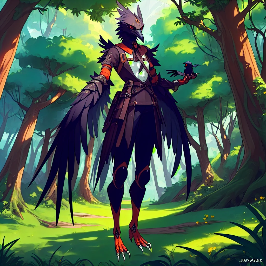 prospect(Anthropomorphic crow，Wearing ancient adventurer gear，The arms and hands are integrated with the bird&#39;s wings, and there are no bird wings on the back. Only the arms and hands have bird wings.，Feet are claws)，With background（Dense forest）