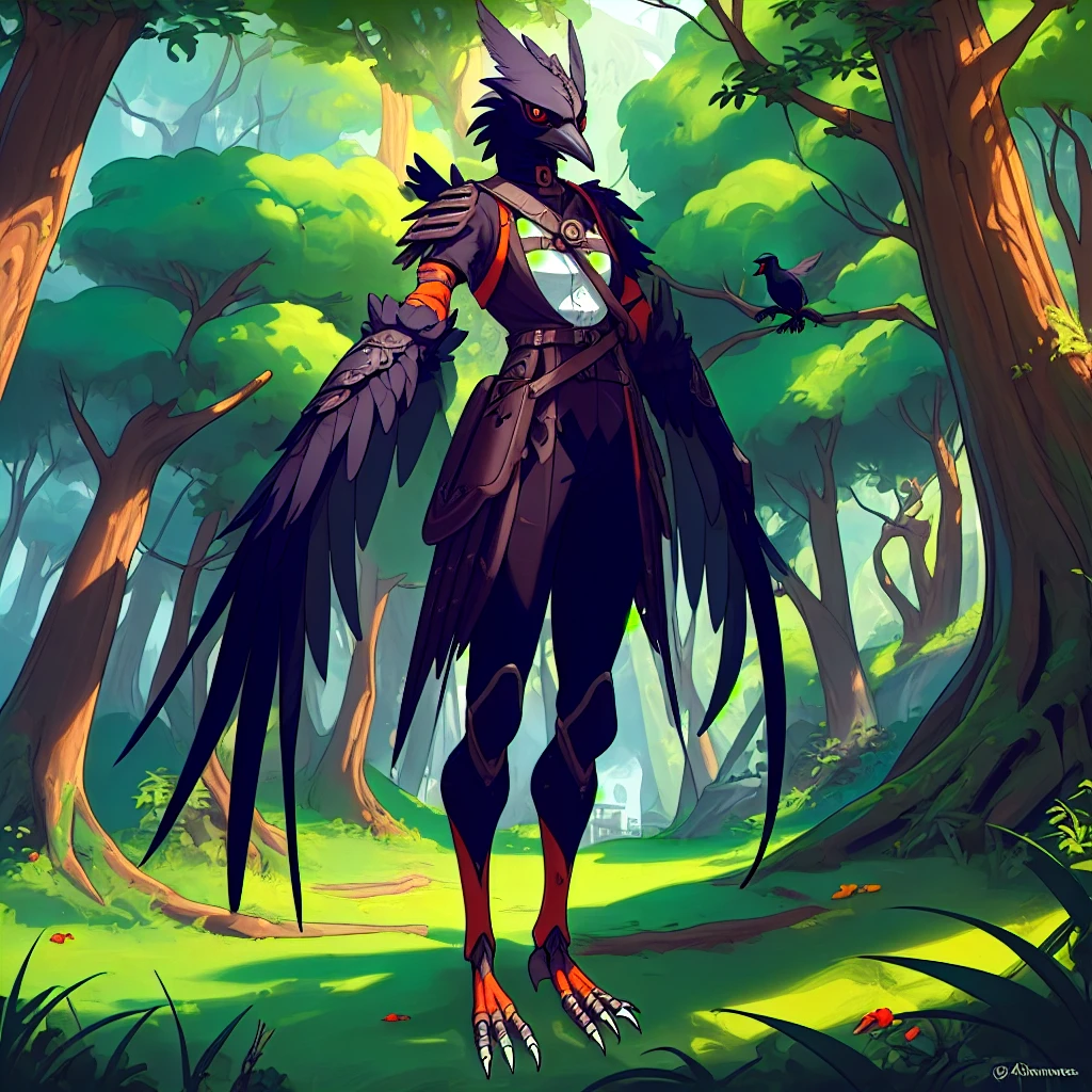 prospect(Anthropomorphic crow，Wearing ancient adventurer gear，The arms and hands are integrated with the bird&#39;s wings, and there are no bird wings on the back. Only the arms and hands have bird wings.，Feet are claws)，With background（Dense forest）