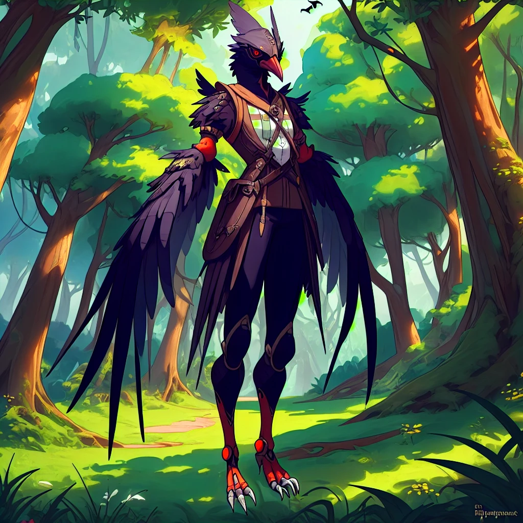 prospect(Anthropomorphic crow，Wearing ancient adventurer gear，The arms and hands are integrated with the bird&#39;s wings, and there are no bird wings on the back. Only the arms and hands have bird wings.，Feet are claws)，With background（Dense forest）