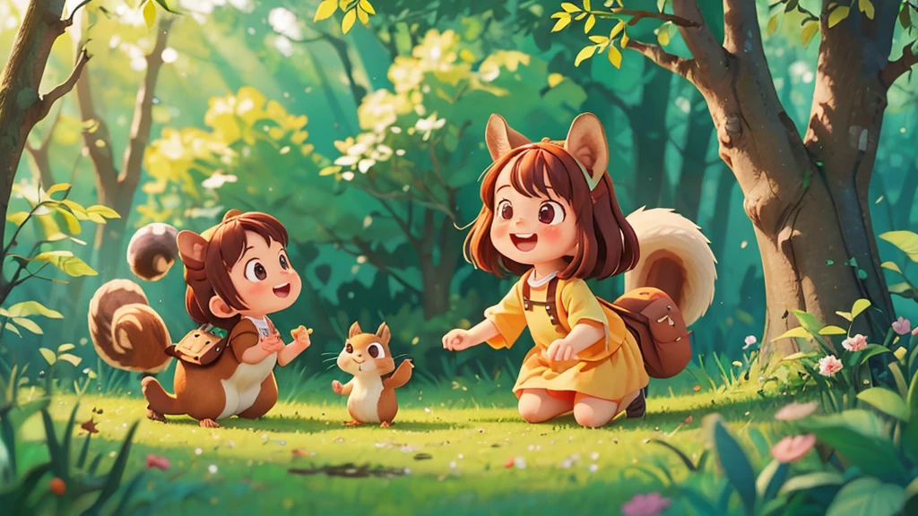 Cute one  , Sarah and the squirrel sharing a joyful moment in the forest ,pixar style, best quality, stills,