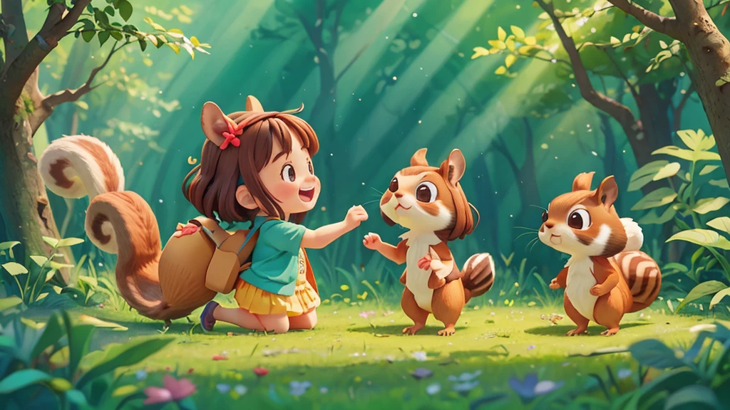 Cute one , Sarah and the squirrel sharing a joyful moment in the forest ,pixar style, best quality, stills,