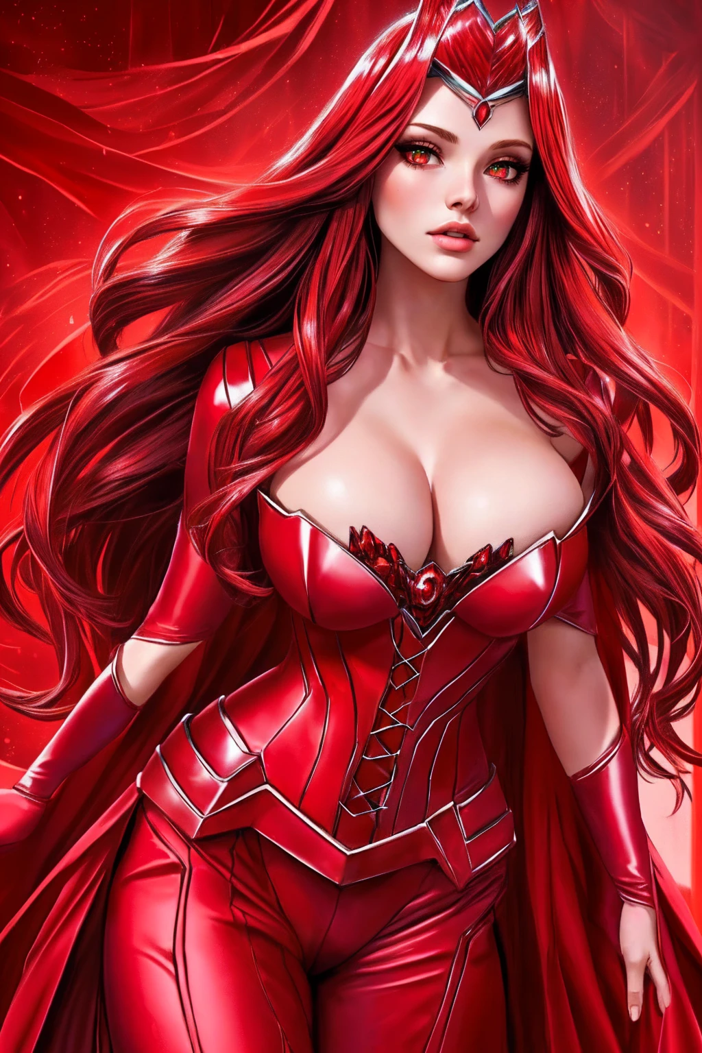 a woman with long crimson hair, wearing a long, intricate corset, beautiful detailed eyes, beautiful detailed lips, extremely detailed face, longeyelashes, elegant pose, graceful movement, breathtaking, detailed and realistic, oil painting, dramatic lighting, warm color palette, cinematic composition, masterpiece, 8k, high quality, Scarlet Witch, (((red eyes))), (((perfect scarlet witch tiara on a head)))